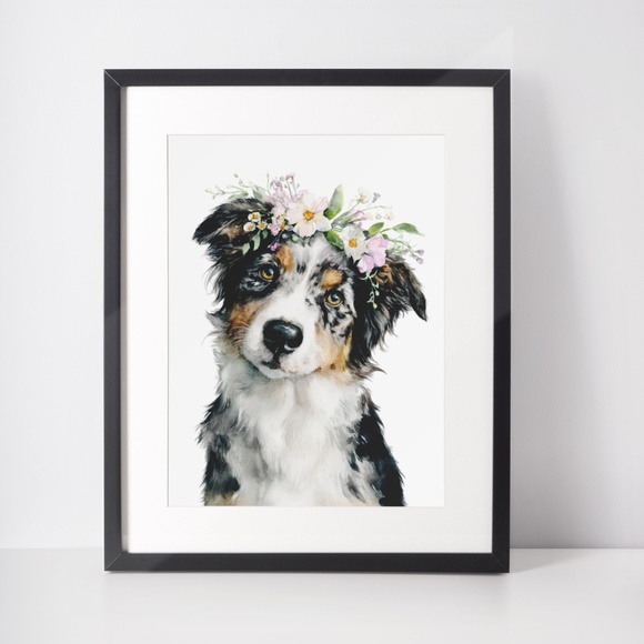 Watercolor Australian Shepherd Dog Portrait Wall Art Print, Unframed - Picture 3 of 7